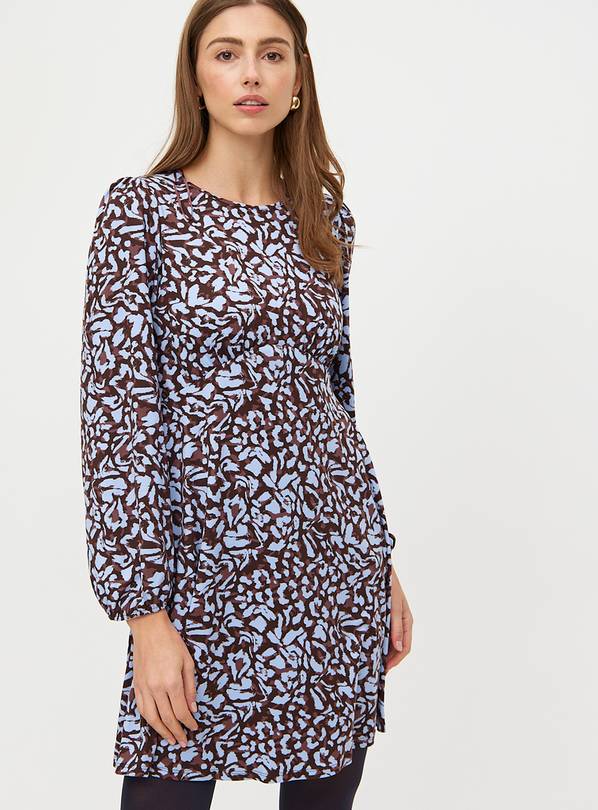 Brown & Blue Patterned Soft Touch Long Sleeve Mini Dress 10